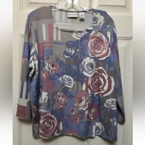Alfred Dunner Women's Top Blouse Size XL Square Neck 3/4 sleeve Floral Multic P2